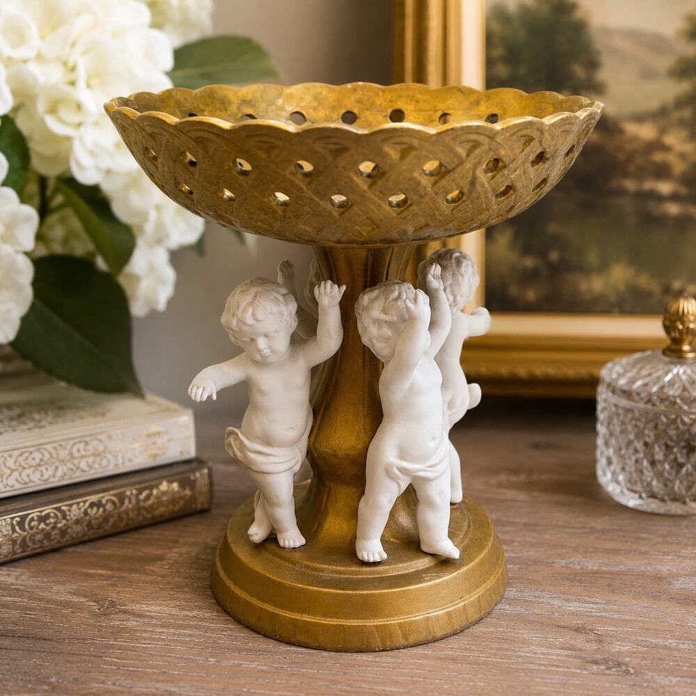 Vintage Wales Japan Cherub Porcelain Compote Pierced Pedestal Bowl Putti